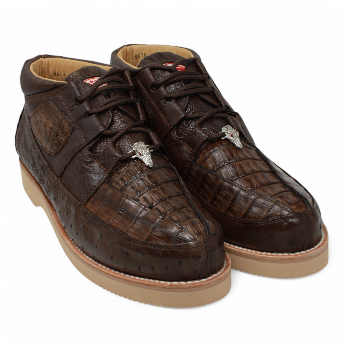 Genuine Caiman Belly & Ostrich Skin High Top Sneakers - Brown