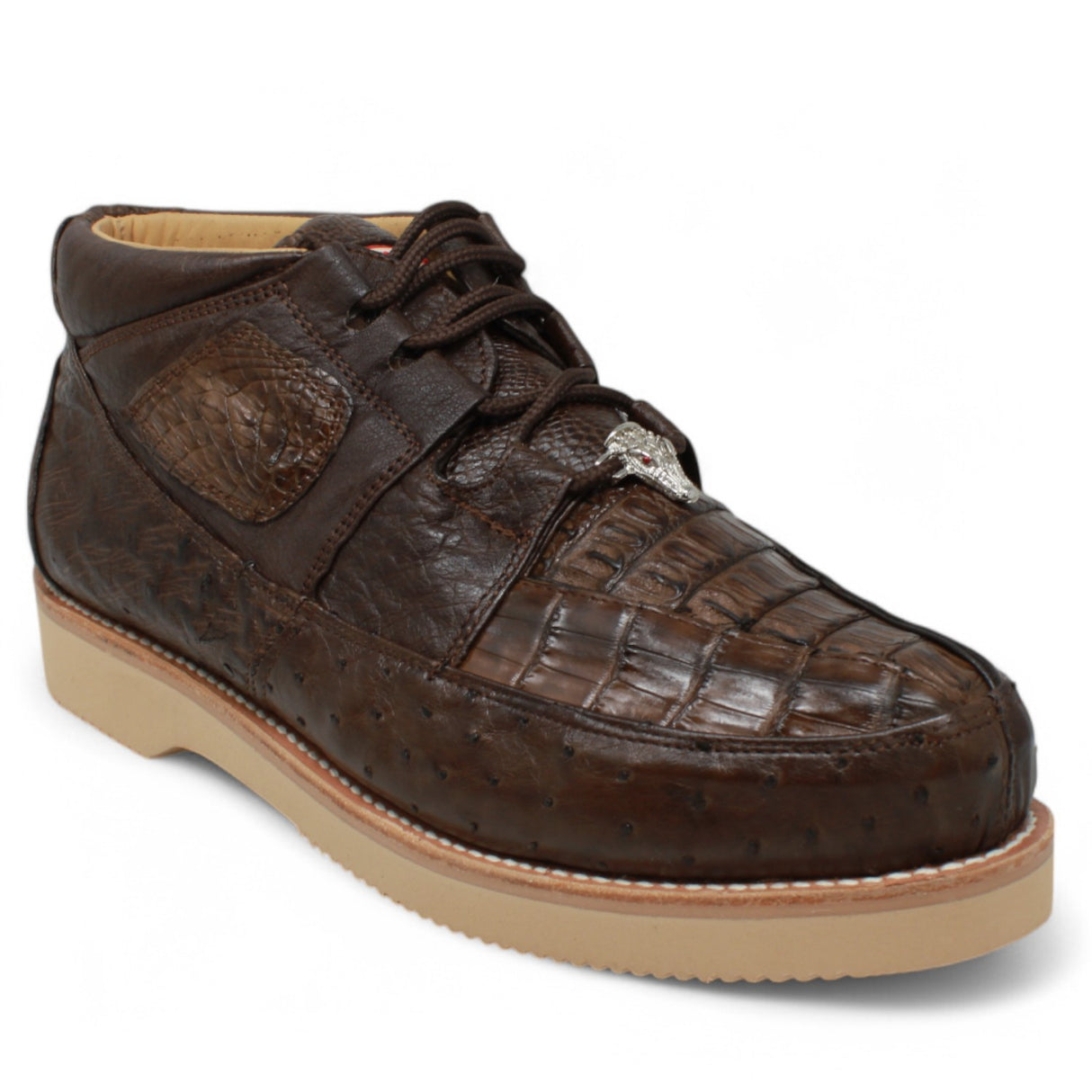 Genuine Caiman Belly & Ostrich Skin High Top Sneakers - Brown