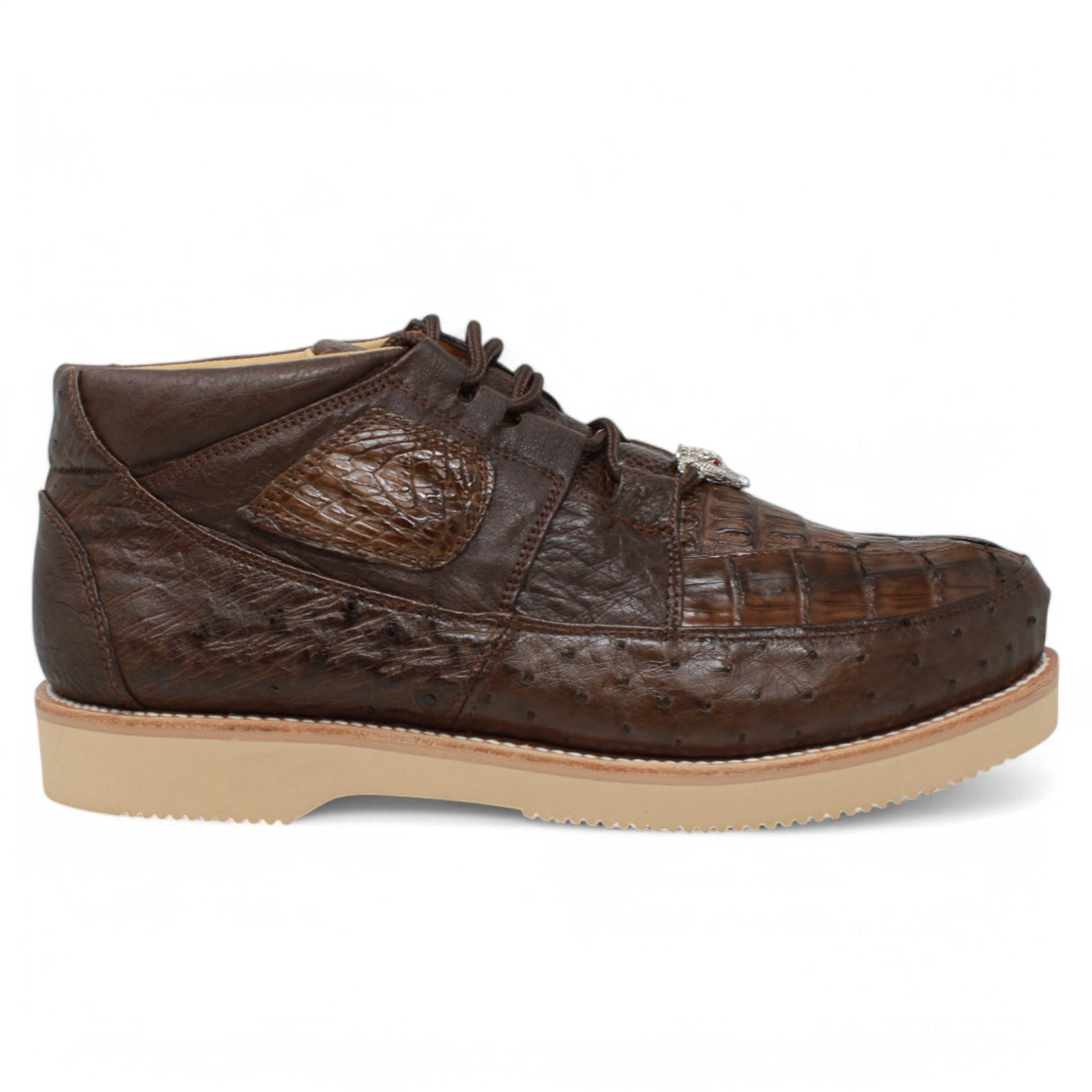 Genuine Caiman Belly & Ostrich Skin High Top Sneakers - Brown