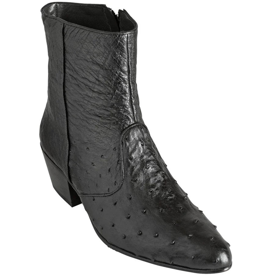Genuine Full Quill Ostrich Skin Round Toe Dress Ankle Boots - Black