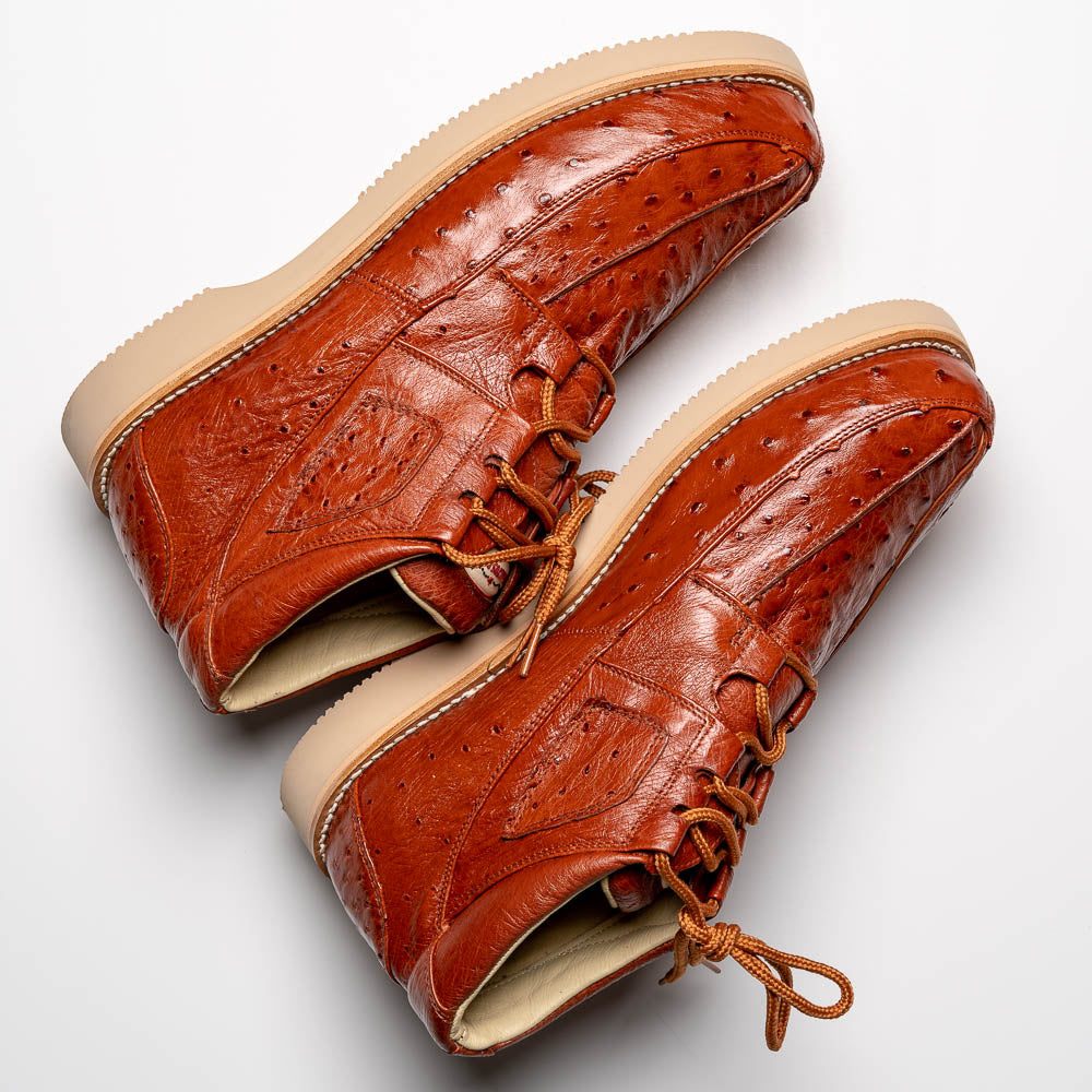 Genuine Full Quill Ostrich Skin High Top Sneakers - Cognac