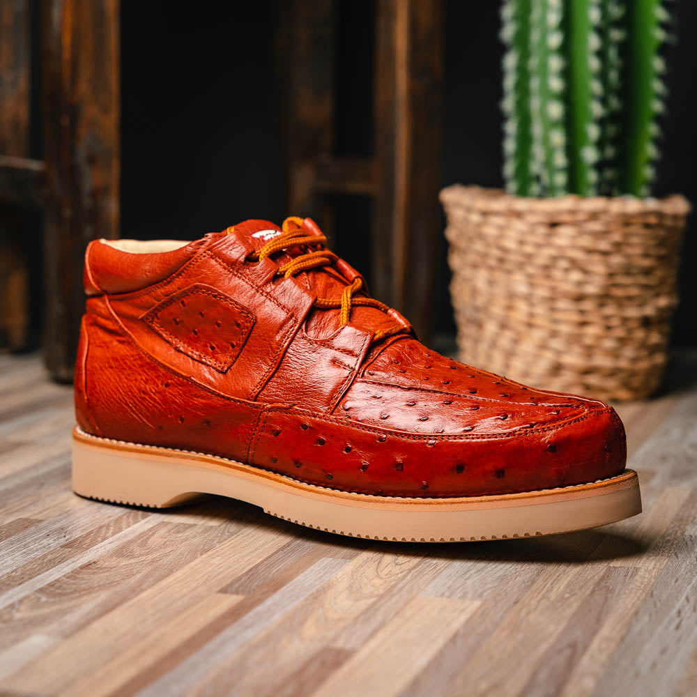 Genuine Full Quill Ostrich Skin High Top Sneakers - Cognac