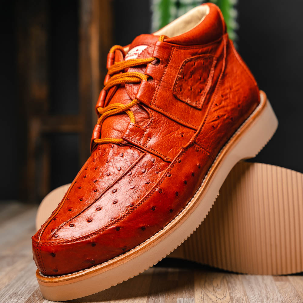 Genuine Full Quill Ostrich Skin High Top Sneakers - Cognac
