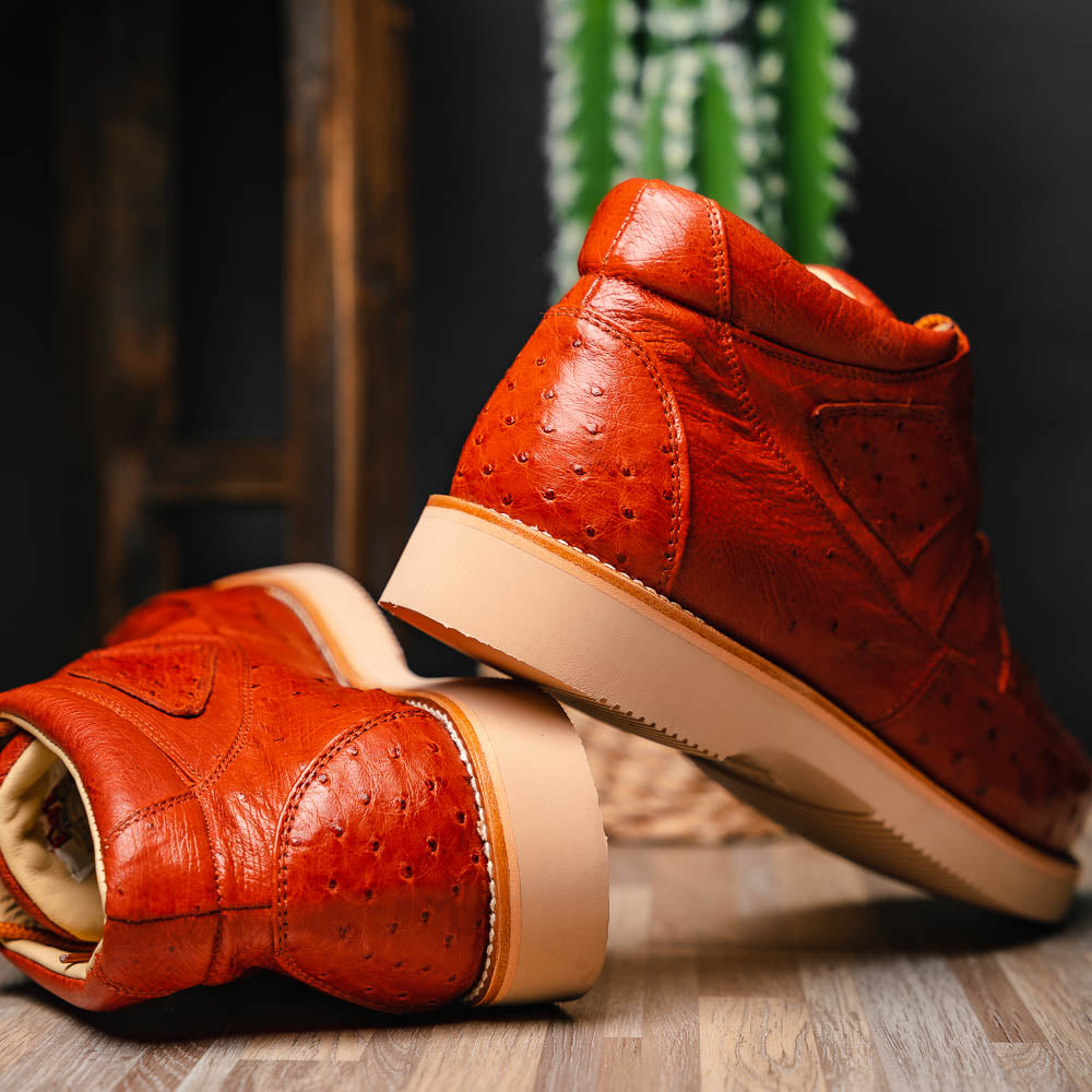 Genuine Full Quill Ostrich Skin High Top Sneakers - Cognac