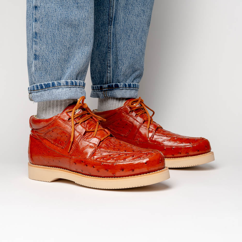 Genuine Full Quill Ostrich Skin High Top Sneakers - Cognac