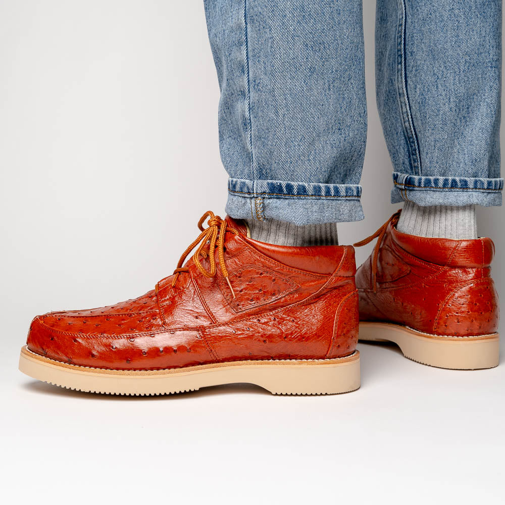Genuine Full Quill Ostrich Skin High Top Sneakers - Cognac