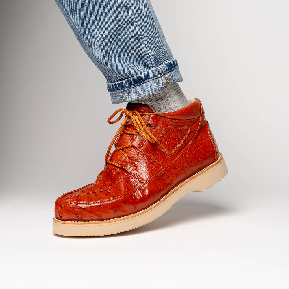 Genuine Full Quill Ostrich Skin High Top Sneakers - Cognac