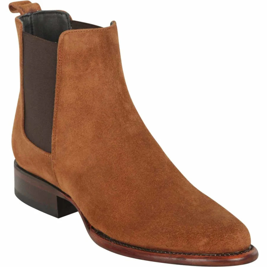 Genuine Suede Leather Round Toe Chelsea Boots - Cognac