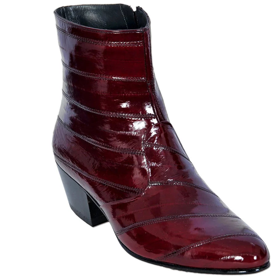 Genuine Eeel Skin Round Toe Dress Ankle Boots - Burgundy