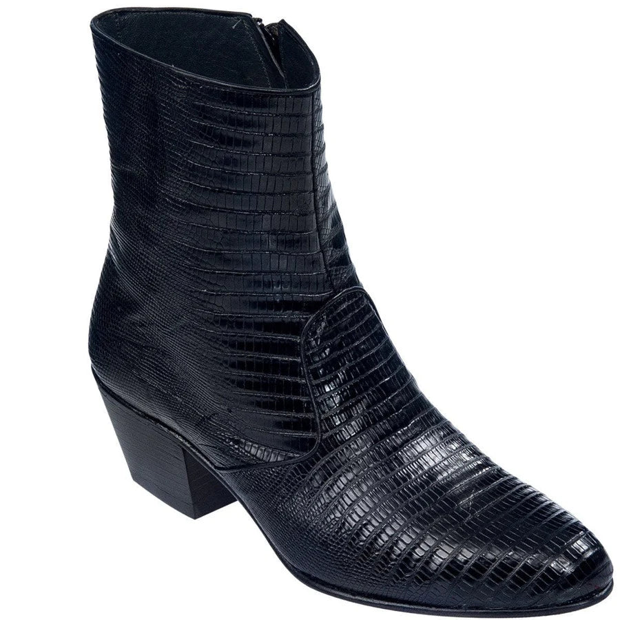 Genuine Lizard Skin Round Toe Dress Ankle Boots - Black