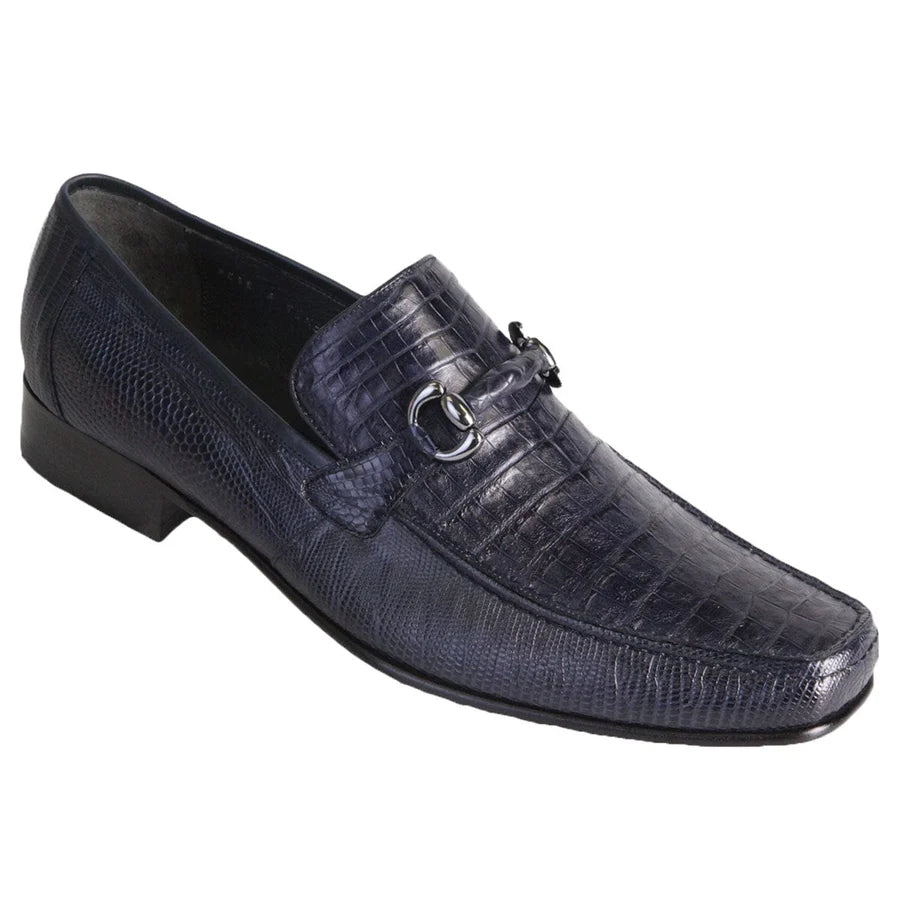 Genuine Caiman Belly & Lizard Skin Slip-On Loafers - Navy Blue