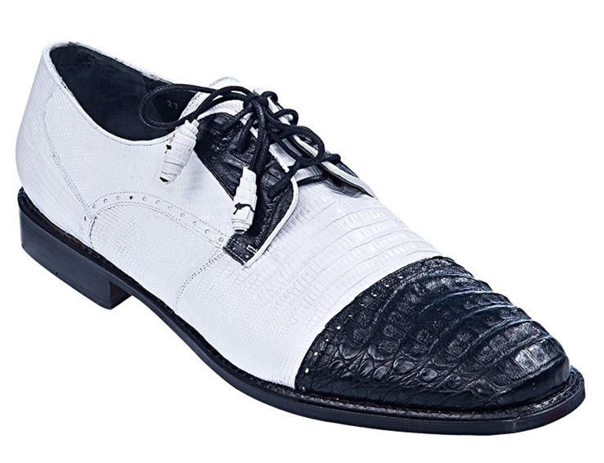 Genuine Caiman Belly & Lizard Skin Oxford Dress Shoes - Black and White