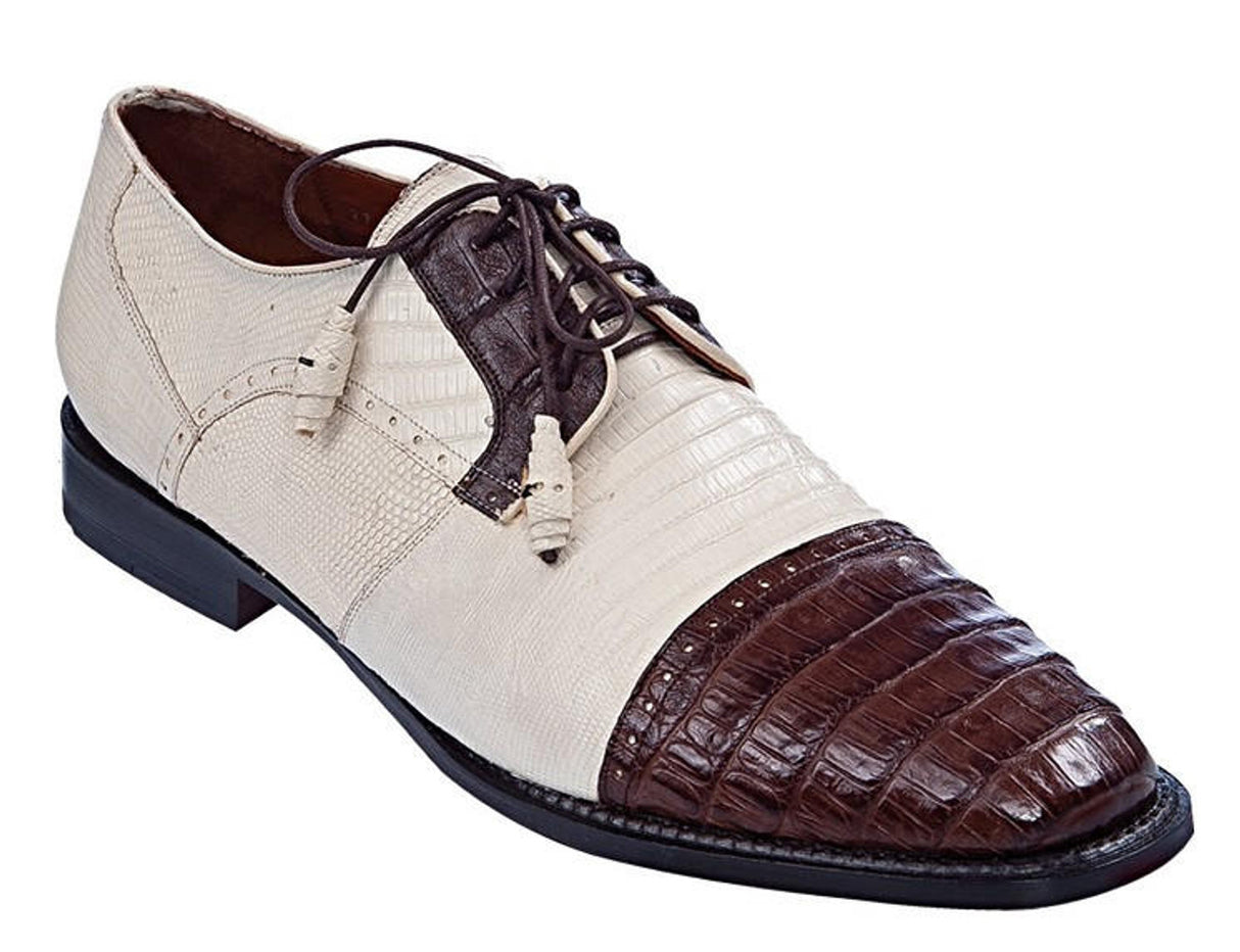 Genuine Caiman Belly & Lizard Skin Oxford Dress Shoes - Ivory and Brown