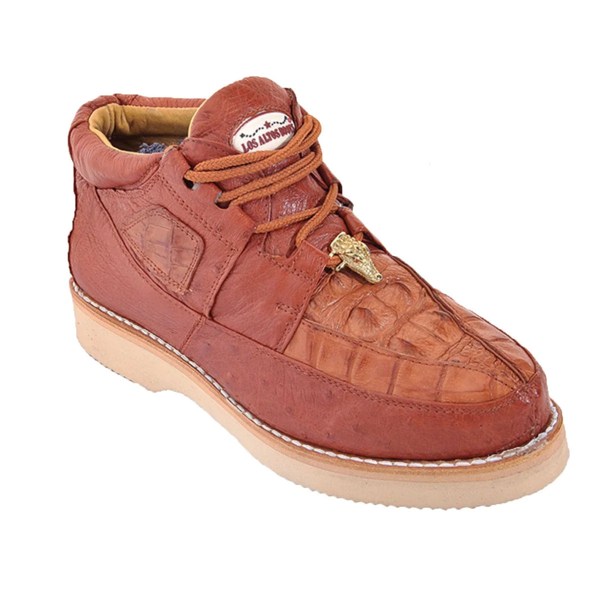 Genuine Caiman Belly & Smooth Ostrich Skin High Top Sneakers - Cognac