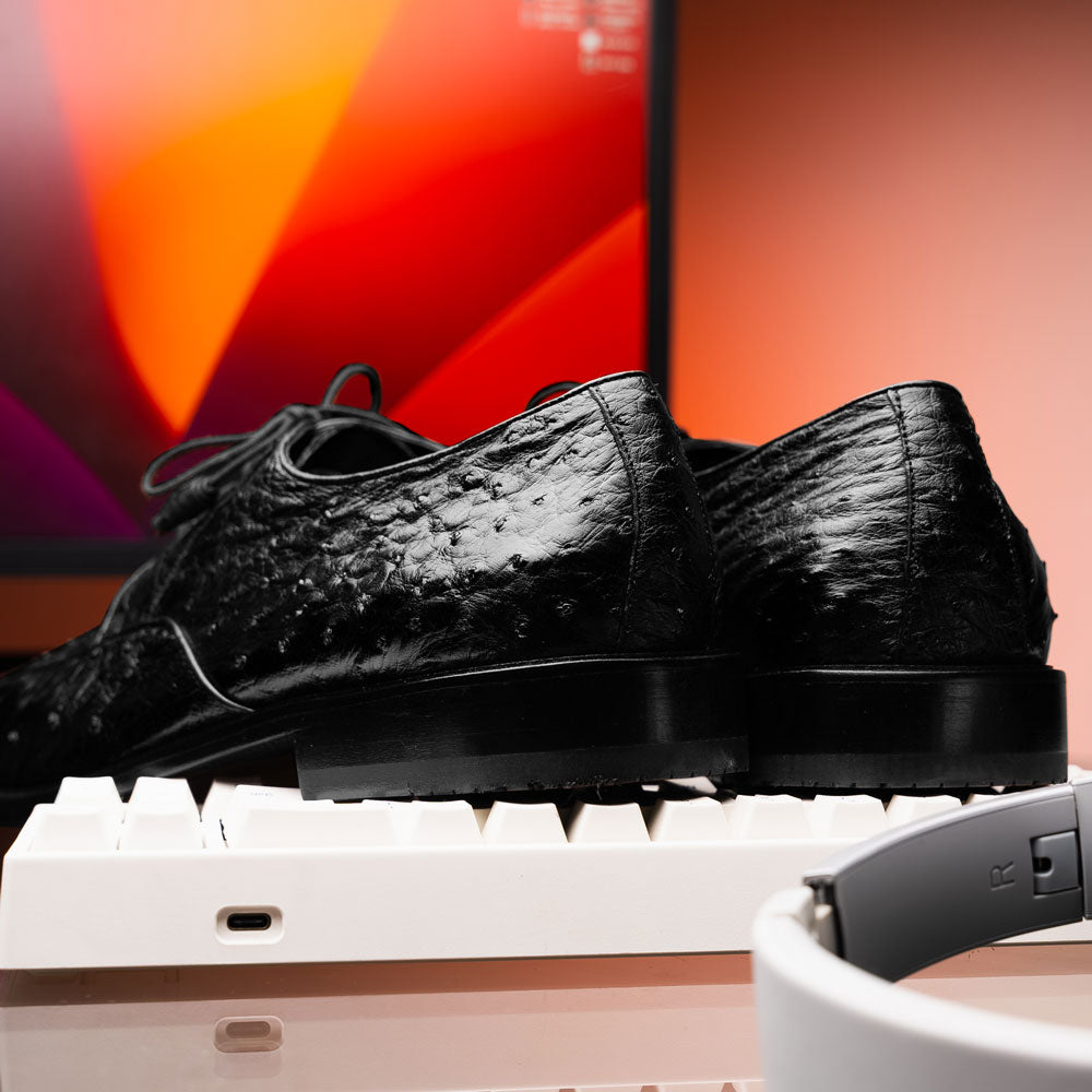 Genuine Full Quill Ostrich Oxford Dress Shoes - Black