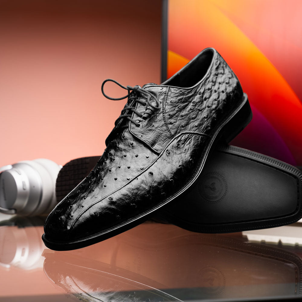 Genuine Full Quill Ostrich Oxford Dress Shoes - Black
