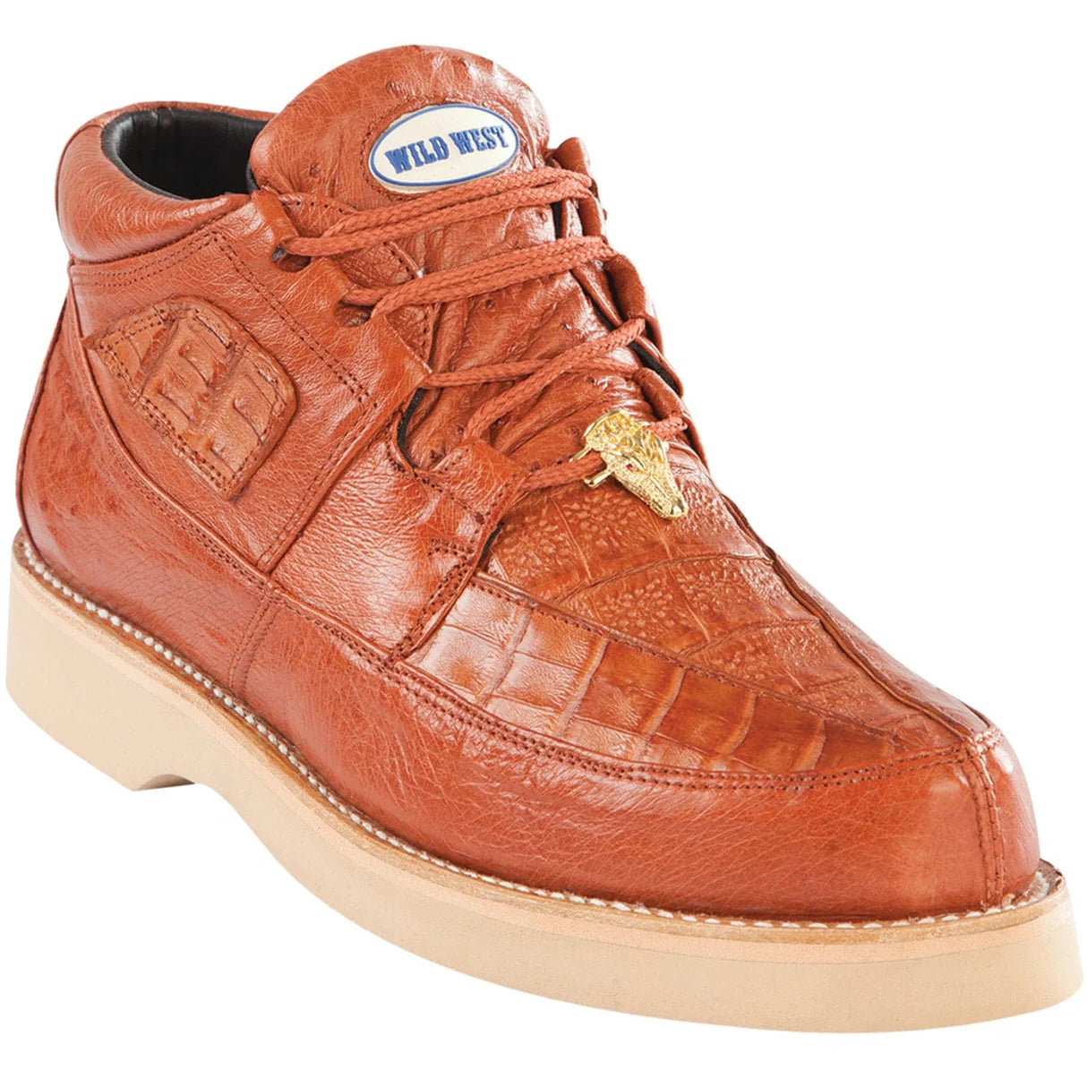 Genuine Caiman Belly & Smooth Ostrich Skin High Top Sneakers - Cognac