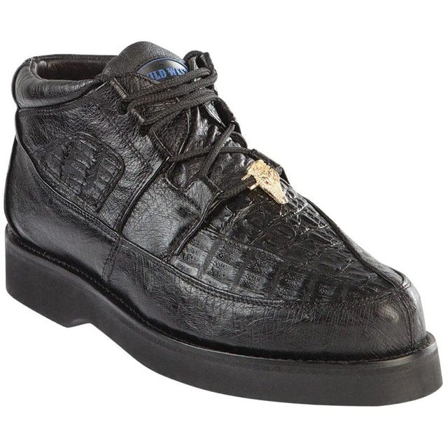 Genuine Caiman Belly & Smooth Ostrich Skin High Top Sneakers - Black