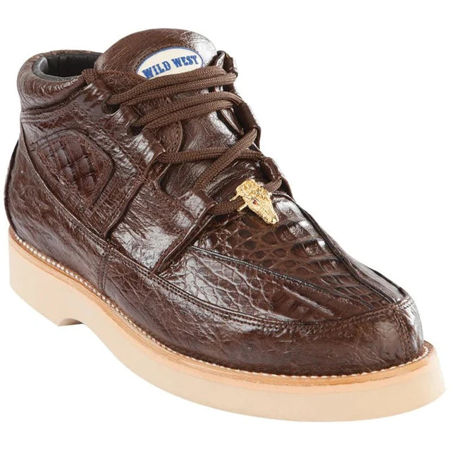 Genuine Caiman Belly & Smooth Ostrich Skin High Top Sneakers - Brown