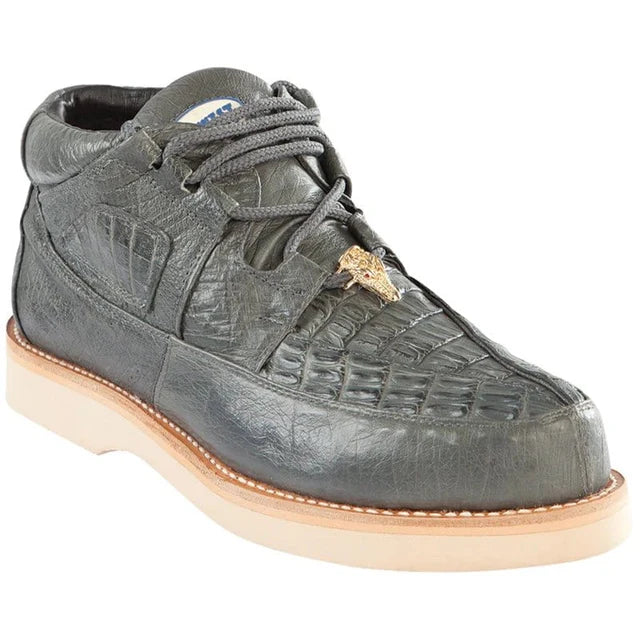 Genuine Caiman Belly & Smooth Ostrich Skin High Top Sneakers - Grey
