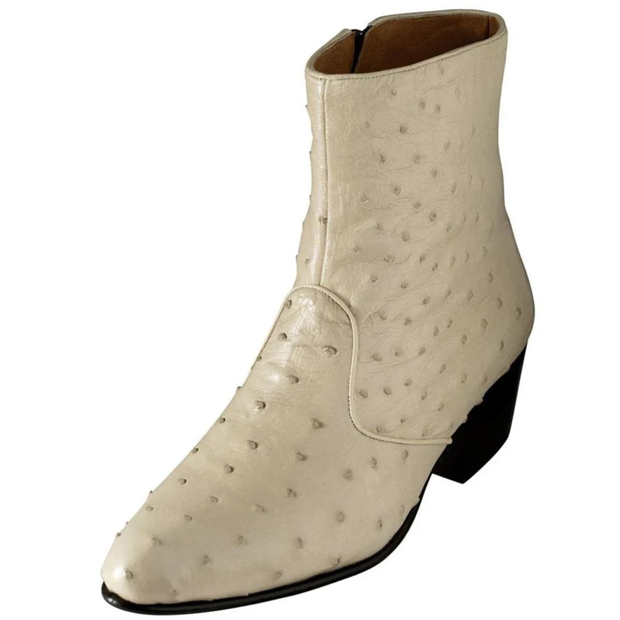 Genuine Full Quill Ostrich Skin Round Toe Dress Ankle Boots - Winter White