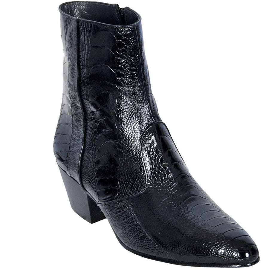 Genuine Ostrich Leg Skin Round Toe Dress Ankle Boots - Black