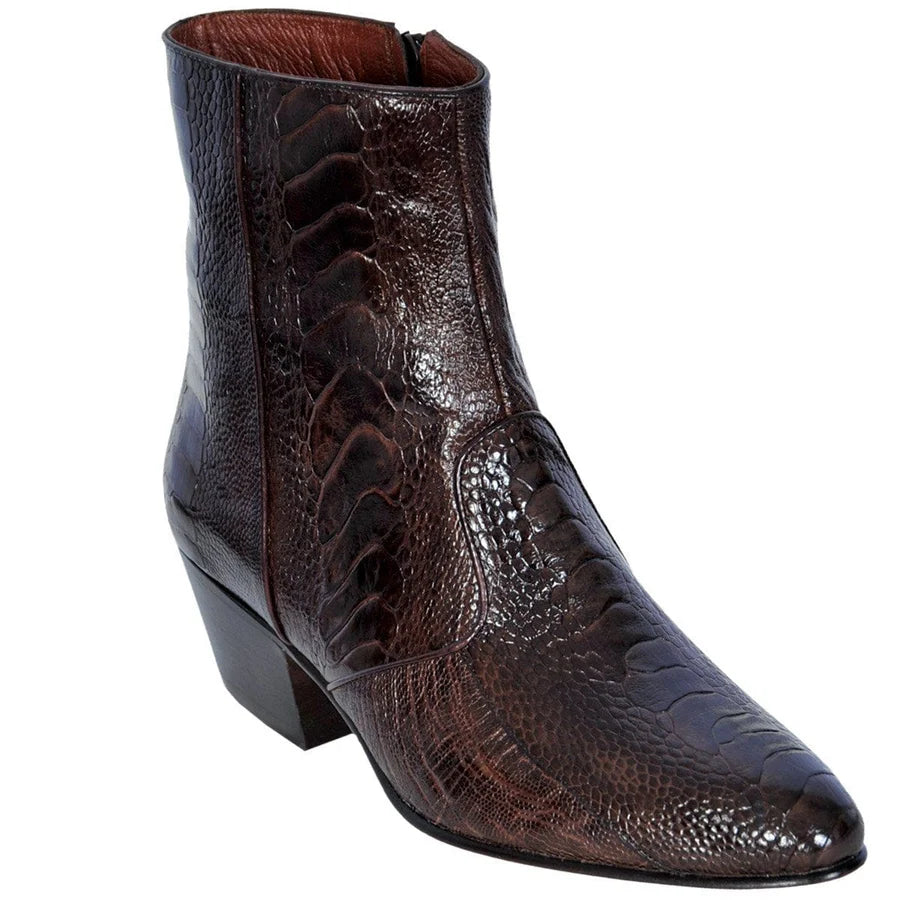 Genuine Ostrich Leg Skin Round Toe Dress Ankle Boots - Brown